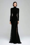 Black Mermaid Velvet High Neck Maxi Formal Dress with Lace