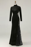 Black Mermaid High Neck Velvet Maxi Holiday Party Dress with Lace