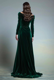 Elegant Plum Velvet Bateau Neck Long Formal Dress with Sleeves