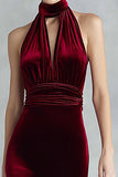 Burgundy Velvet High Neck Keyhole Maxi Formal Dress