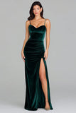 Dark Green Velvet Spaghetti Straps Long Formal Dress with Slit