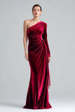 Burgundy Maxi Velvet Sheath One Shoulder Formal Dress
