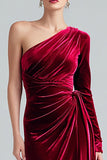 Burgundy Maxi Velvet Sheath One Shoulder Formal Dress
