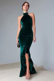 Dark Green Velvet Halter Ruffled Long Formal Dress with Slit