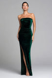Dark Green Velvet Strapless Mermaid Long Holiday Party Dress with Slit