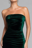 Dark Green Velvet Strapless Mermaid Long Holiday Party Dress with Slit