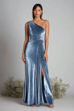 Dusty Blue Long Ruched One Shoulder Holiday Party Dress with Slit