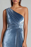 Dusty Blue Long Ruched One Shoulder Holiday Party Dress with Slit