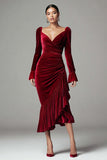 Burgundy Velvet Mermaid Ruched Holiday Party Dress with Ruffles