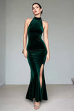 Dark Green Velvet Halter Mermaid Long Formal Dress with Slit