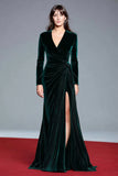 Dark Green Velvet V-Neck Long Sleeves Ruched Holiday Party Dress with Slit