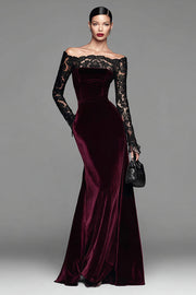 Elegant Burgundy Velvet Mermaid Long Holiday Party Dress with Lace