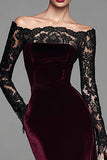 Elegant Burgundy Velvet Mermaid Long Holiday Party Dress with Lace