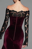 Elegant Burgundy Velvet Mermaid Long Holiday Party Dress with Lace