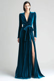 Peacock Blue Velvet Ruched Long Sleeves A Line Holiday Party Dress with Sash