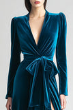 Peacock Blue Velvet Ruched Long Sleeves A Line Holiday Party Dress with Sash