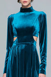 Peacock Blue Velvet Cut Out High Neck Long A Line Holiday Party Dress