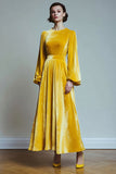 A Line Velvet Yellow Round Neck Long Sleeves Holiday Party Dress