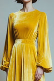 A Line Velvet Yellow Round Neck Long Sleeves Holiday Party Dress