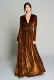 Brown Velvet A Line Long Sleeves Pleated Holiday Party Dress