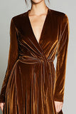 Brown Velvet A Line Long Sleeves Pleated Holiday Party Dress