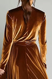 Brown Velvet A Line Long Sleeves Pleated Holiday Party Dress