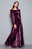 Plum Velvet A Line Boat Neck Long Holiday Party Dress with Sleeves