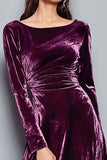 Plum Velvet A Line Boat Neck Long Holiday Party Dress with Sleeves