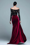 Mermaid Black and Burgundy Velvet Long Sleeves Holiday Party Dress with Lace