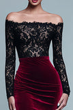 Mermaid Black and Burgundy Velvet Long Sleeves Holiday Party Dress with Lace