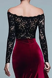 Mermaid Black and Burgundy Velvet Long Sleeves Holiday Party Dress with Lace