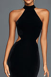 Black Velvet Mermaid Halter Cut Out Long Holiday Party Dress with Slit