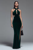 Dark Green Velvet Mermaid Cut Out Maxi Holiday Party Dress with Slit