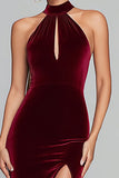 Burgundy Velvet Halter Keyhole Mermaid Maxi Holiday Party Dress with Slit