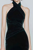 Gorgeous Dark Green Halter Velvet Mermaid Long Holiday Party Dress
