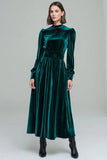 Velvet Long Peacock Green A Line Holiday Party Dress with Sleeves