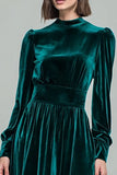 Velvet Long Peacock Green A Line Holiday Party Dress with Sleeves