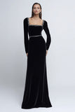 Sparkly Black Velvet Long Sleeves Mermaid Holiday Party Dress with Beading