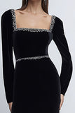 Sparkly Black Velvet Long Sleeves Mermaid Holiday Party Dress with Beading