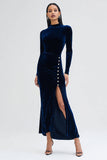 Navy Velvet Mermaid Long Sleeves High Neck Holiday Party Dress with Slit