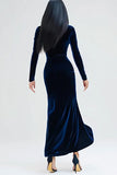 Navy Velvet Mermaid Long Sleeves High Neck Holiday Party Dress with Slit
