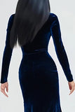 Navy Velvet Mermaid Long Sleeves High Neck Holiday Party Dress with Slit