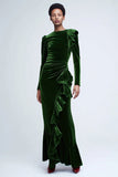 Green Velvet Mermaid Long Holiday Party Dress with Ruffles
