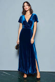 Dark Blue Velvet V-Neck Long A Line Holiday Party Dress with Slit