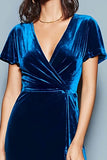 Dark Blue Velvet V-Neck Long A Line Holiday Party Dress with Slit