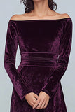Velvet Plum A Line Long Holiday Party Dress with Sleeves
