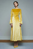Yellow Velvet Long Bateau Neck A Line Holiday Party Dress with Sleeves