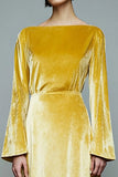 Yellow Velvet Long Bateau Neck A Line Holiday Party Dress with Sleeves