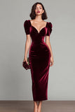 Elegant Burgundy Velvet Sheath Long Holiday Party Dress with Sleeves