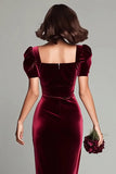 Elegant Burgundy Velvet Sheath Long Holiday Party Dress with Sleeves